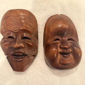 Japanese  Handcrafted Smiling Wooden Art Masks